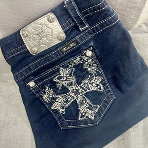 MISS ME Women's Mid Rise Easy Bermuda Size 32 Dark Blue Clear Stones